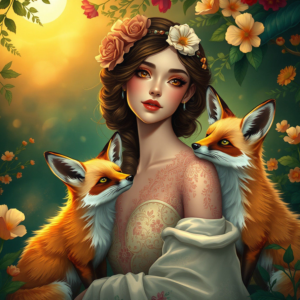 Fantasy Flower Girl with Foxes, Art Nouveau Style