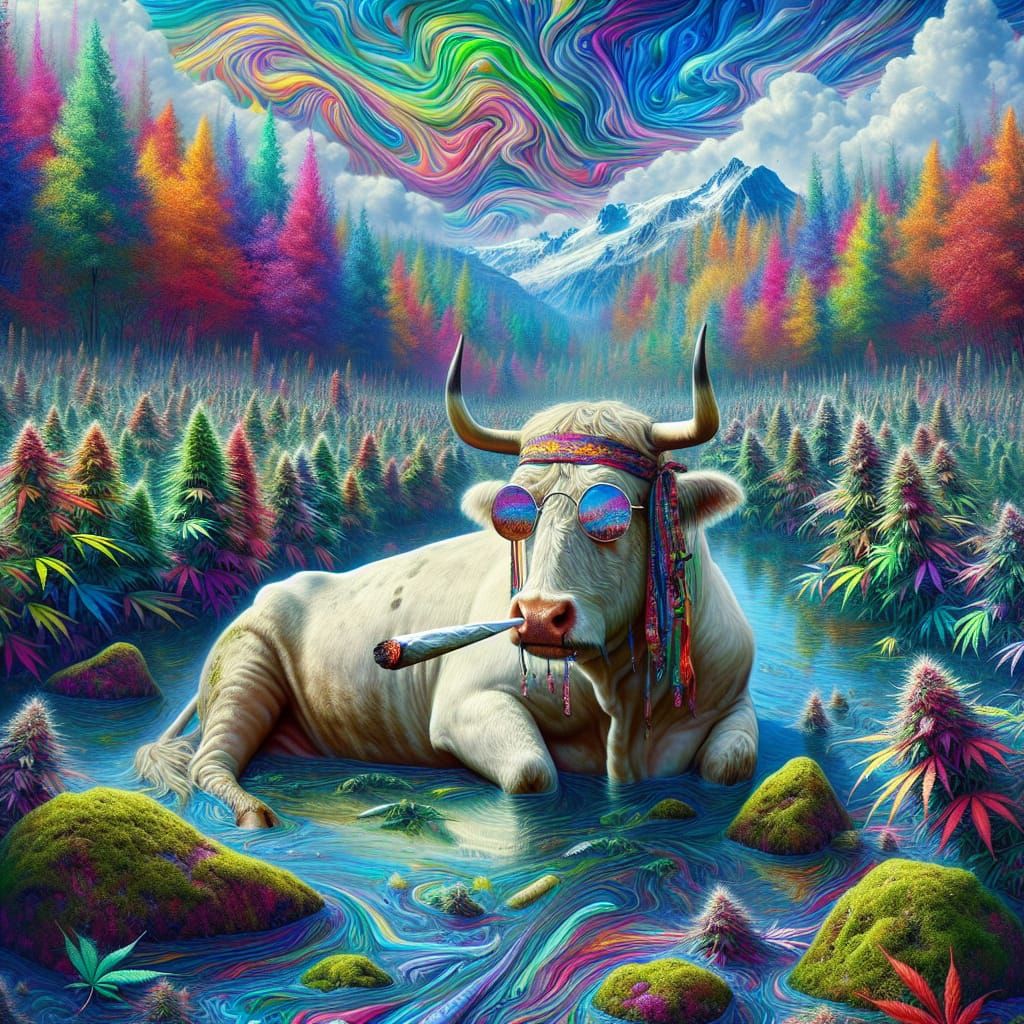 Hippie Bull Smokes Joint in Psychedelic Marsh