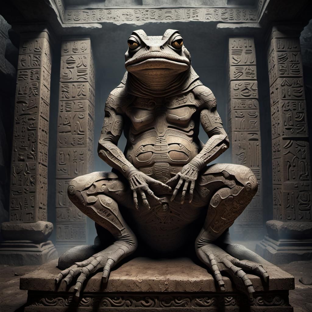 Mummified Reptilian Toad on Throne in Temple Hall