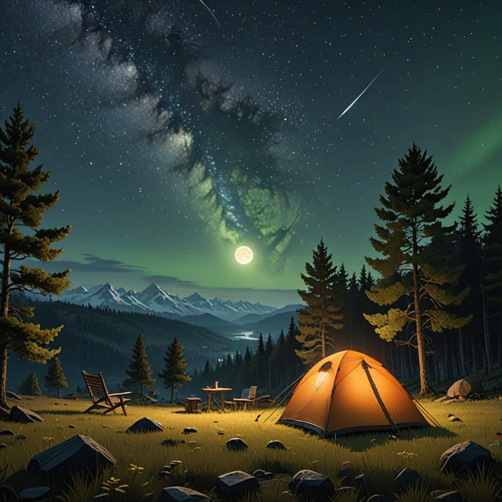 Semplice Telescopio in Cartone Animato con Campeggio Notturn...