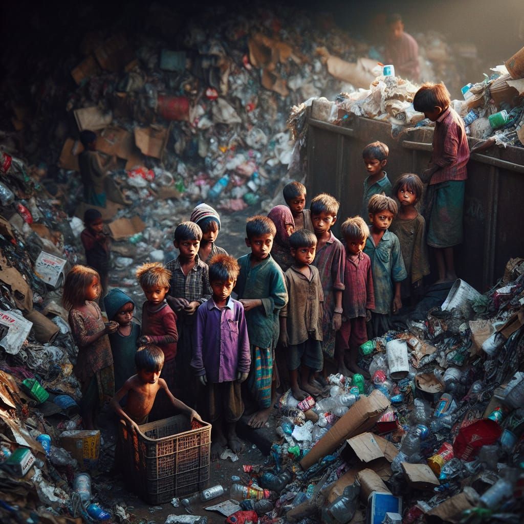 Sad Bangladeshi Children Recycling Garbage