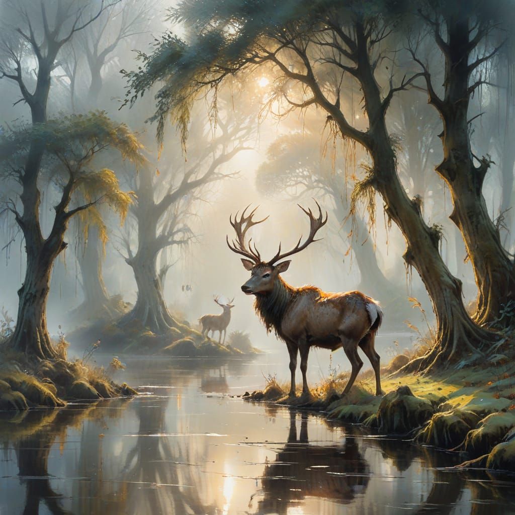 Majestic Stag in Ethereal Foggy Forest Painting