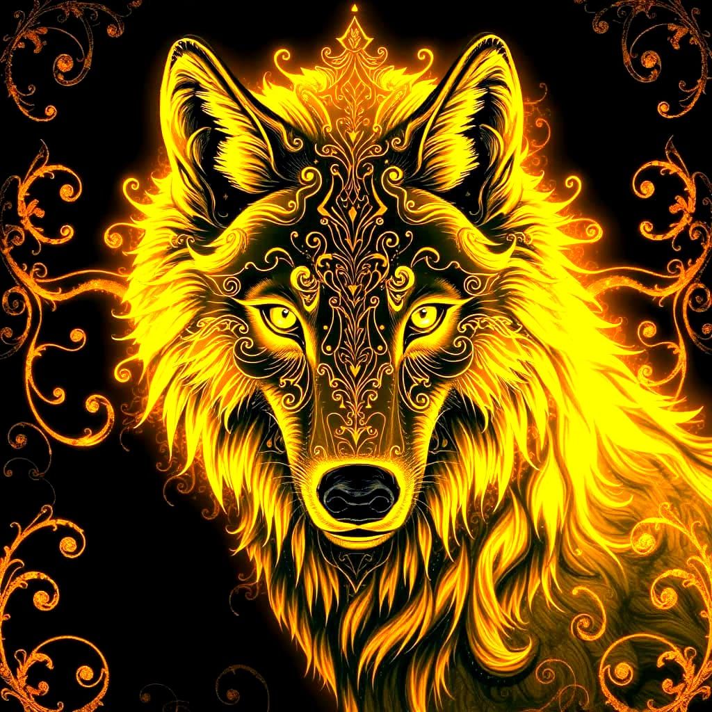 Bioluminescent Golden Wolf with Filigree Designs