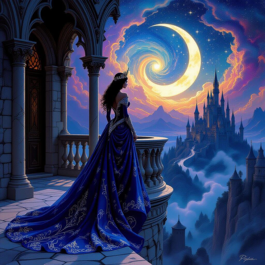 Regal Queen on Gothic Balcony Overlooking Cosmic Nebula