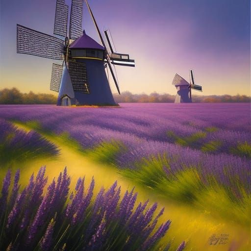 Windmill in Lavender Field Oil Painting