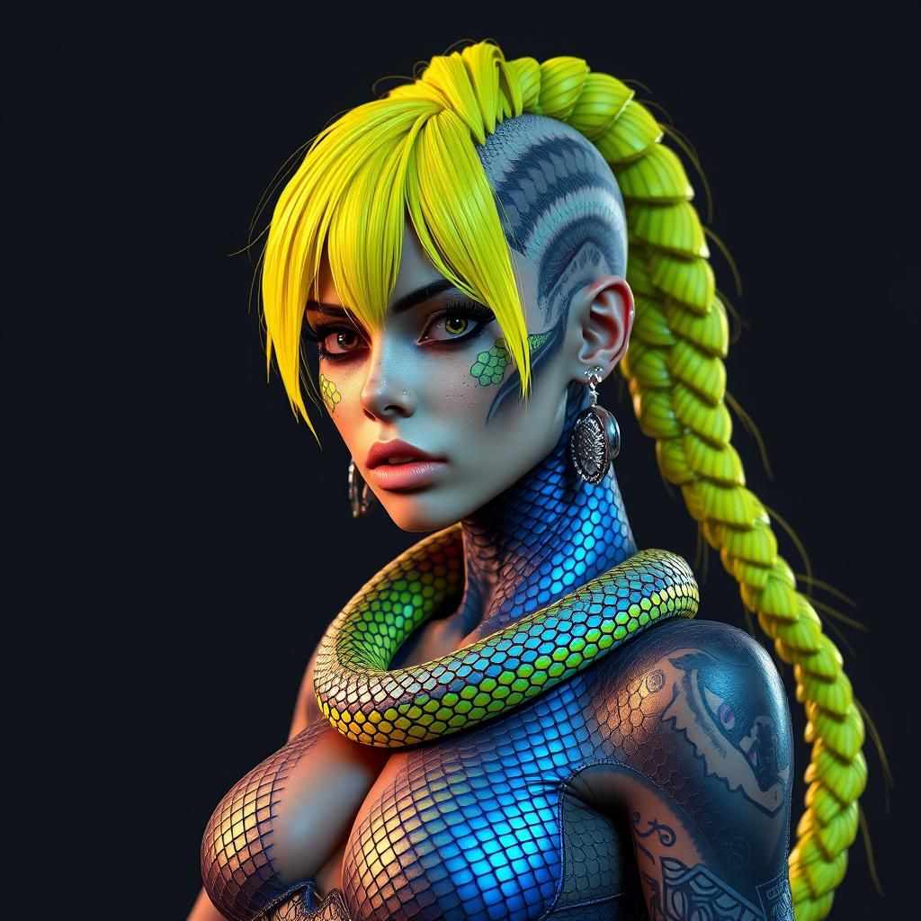 Iridescent Snake Woman with Punk Hair in Unreal Engine 5