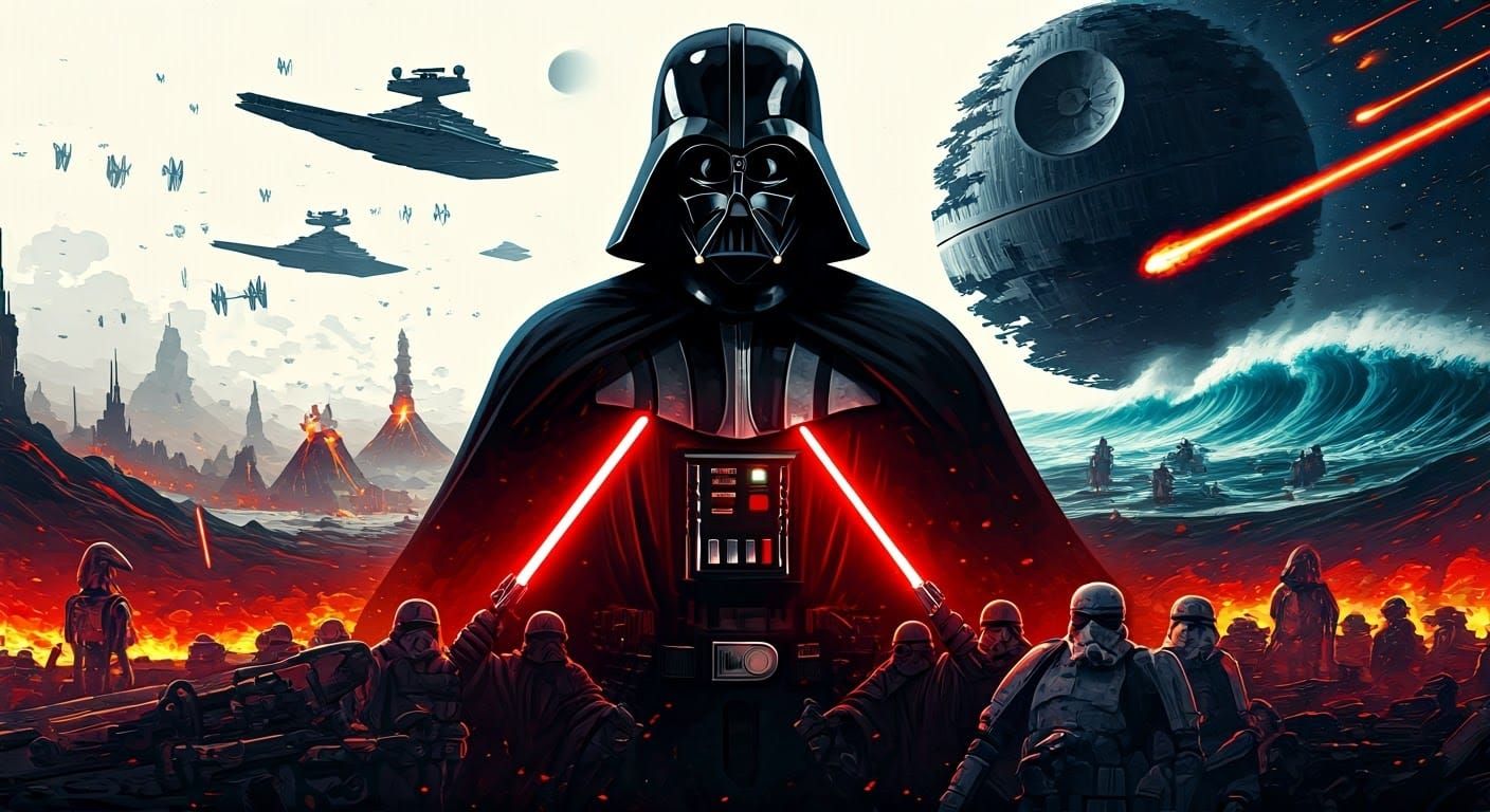 Cyberpunk Darth Vader Battles Jedi in Apocalyptic Galaxy