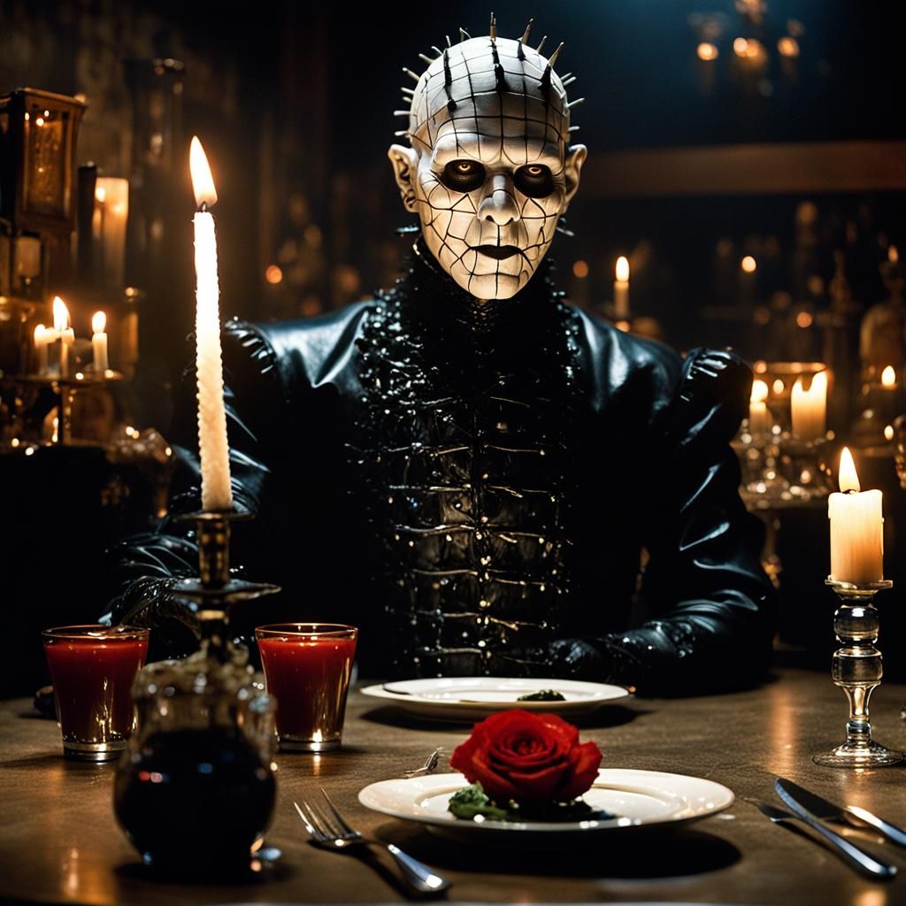 Pinhead from Hellraiser in French Cafe, Hyperrealistic