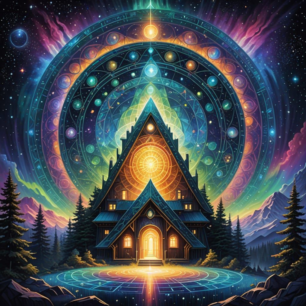 Cosmic Dreamhouse with Shimmering Spaceship