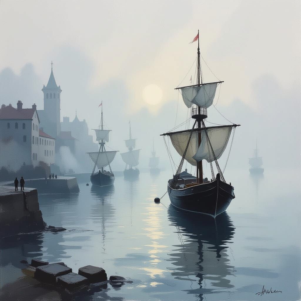 Eerie Misty Harbour Gouache Painting