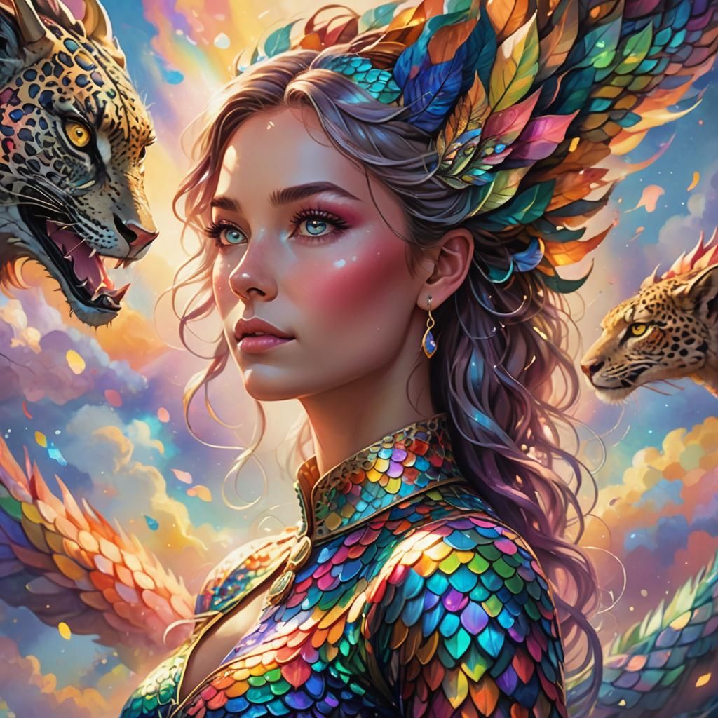 Ethereal Woman with Rainbow Dragon Scales in Acrylic Paintin...