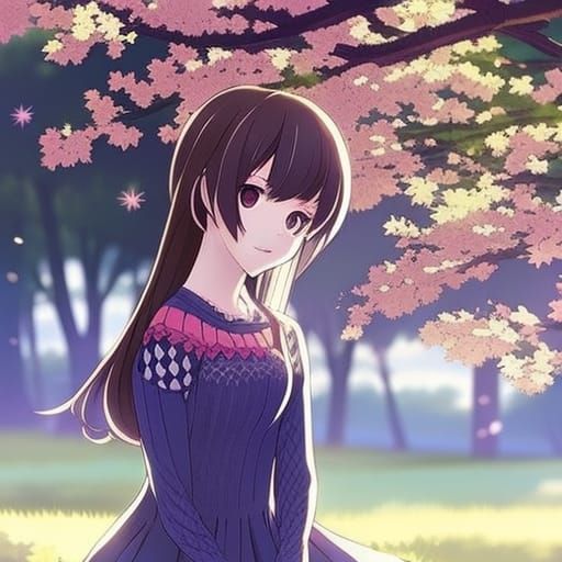 Girl in Crochet Sweater: Anime Style Park Scene