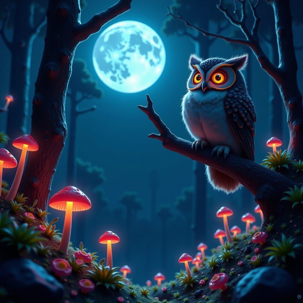 Wise Owl in Bioluminescent Forest, Digital Art