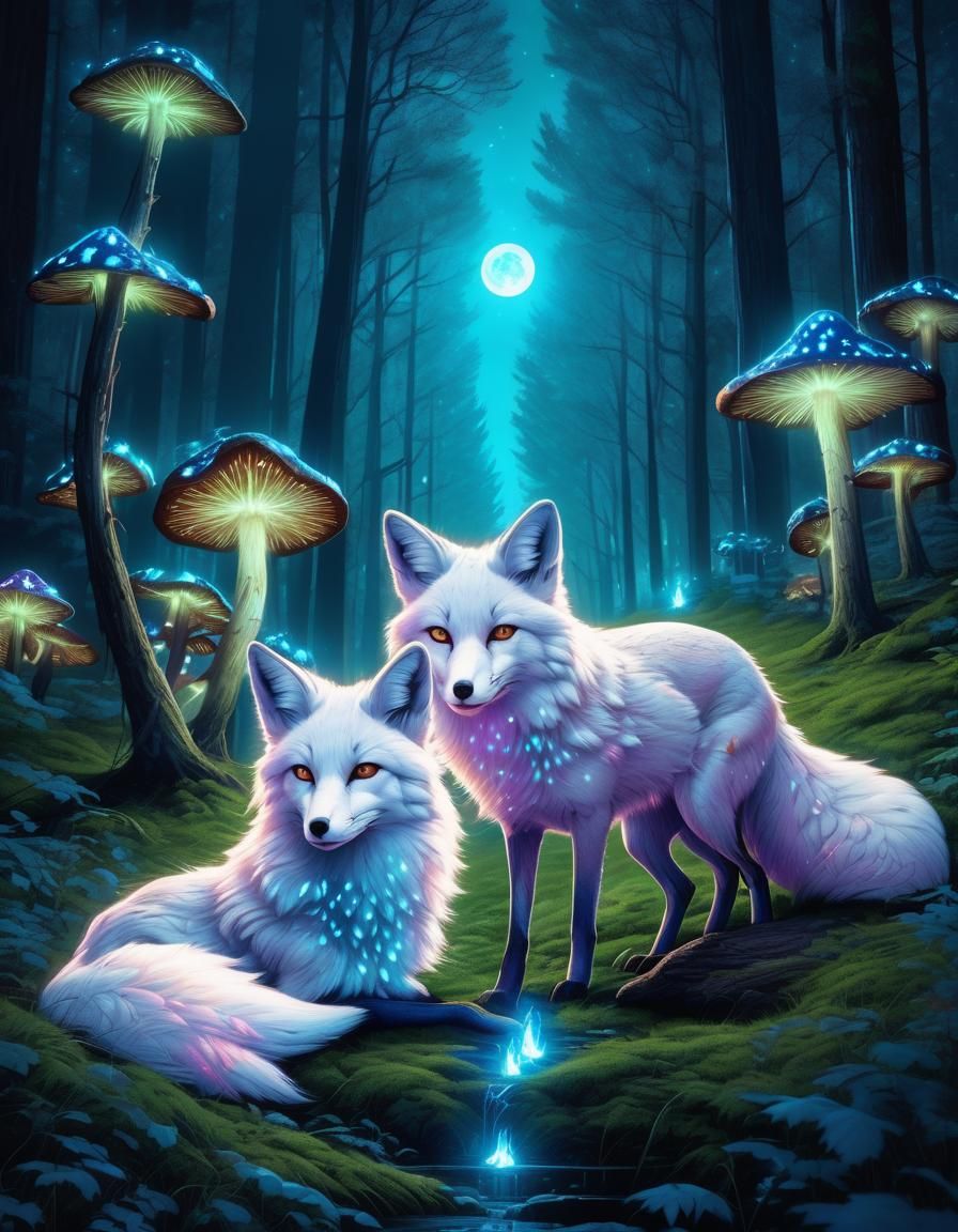 Bioluminescent Foxes in Enchanted Forest, Realistic Illustra...