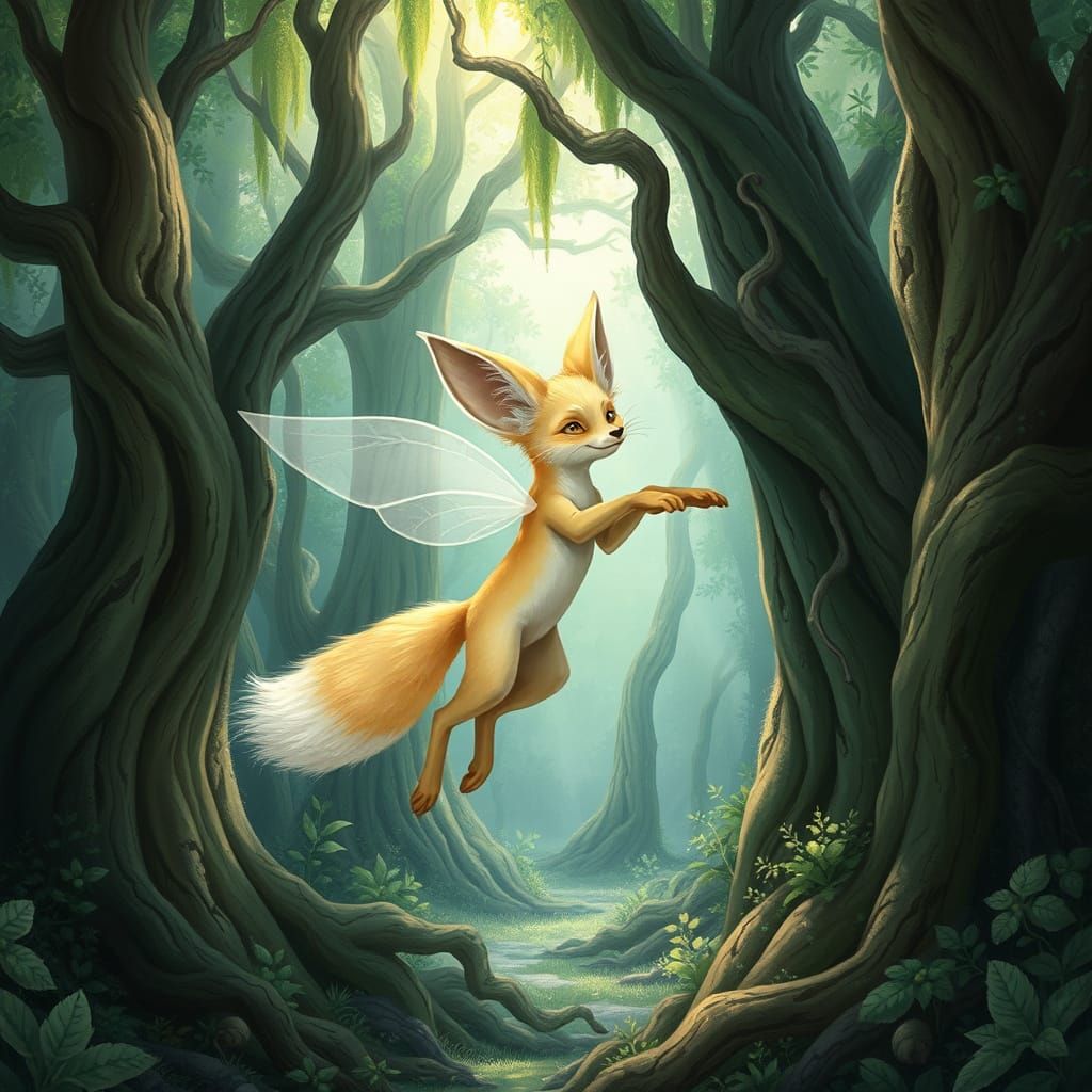 Fennec Fox Soars on Delicate Wings in Enchanted Woodland