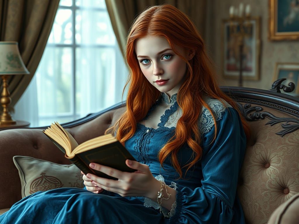 Victorian Girl Reads in Lavish Velvet on a Couch