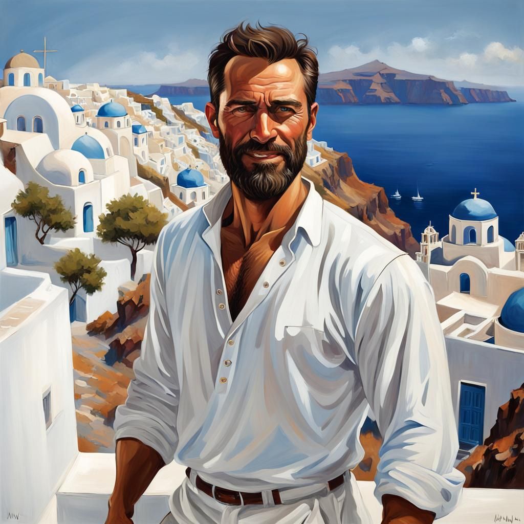 Handsome Bearded Man in Santorini: Digital Oil Painting