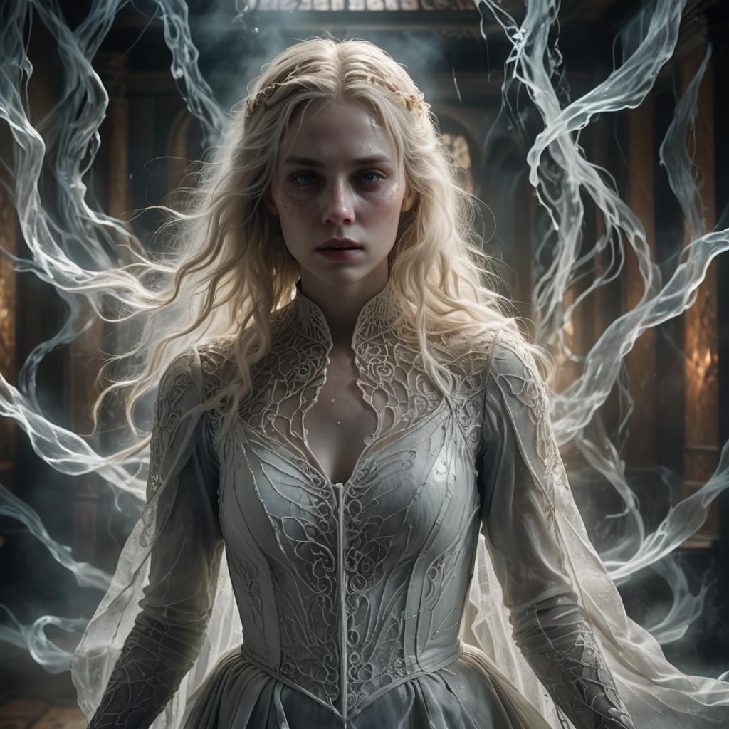 Ethereal Ghost Woman in Dimly Lit Room