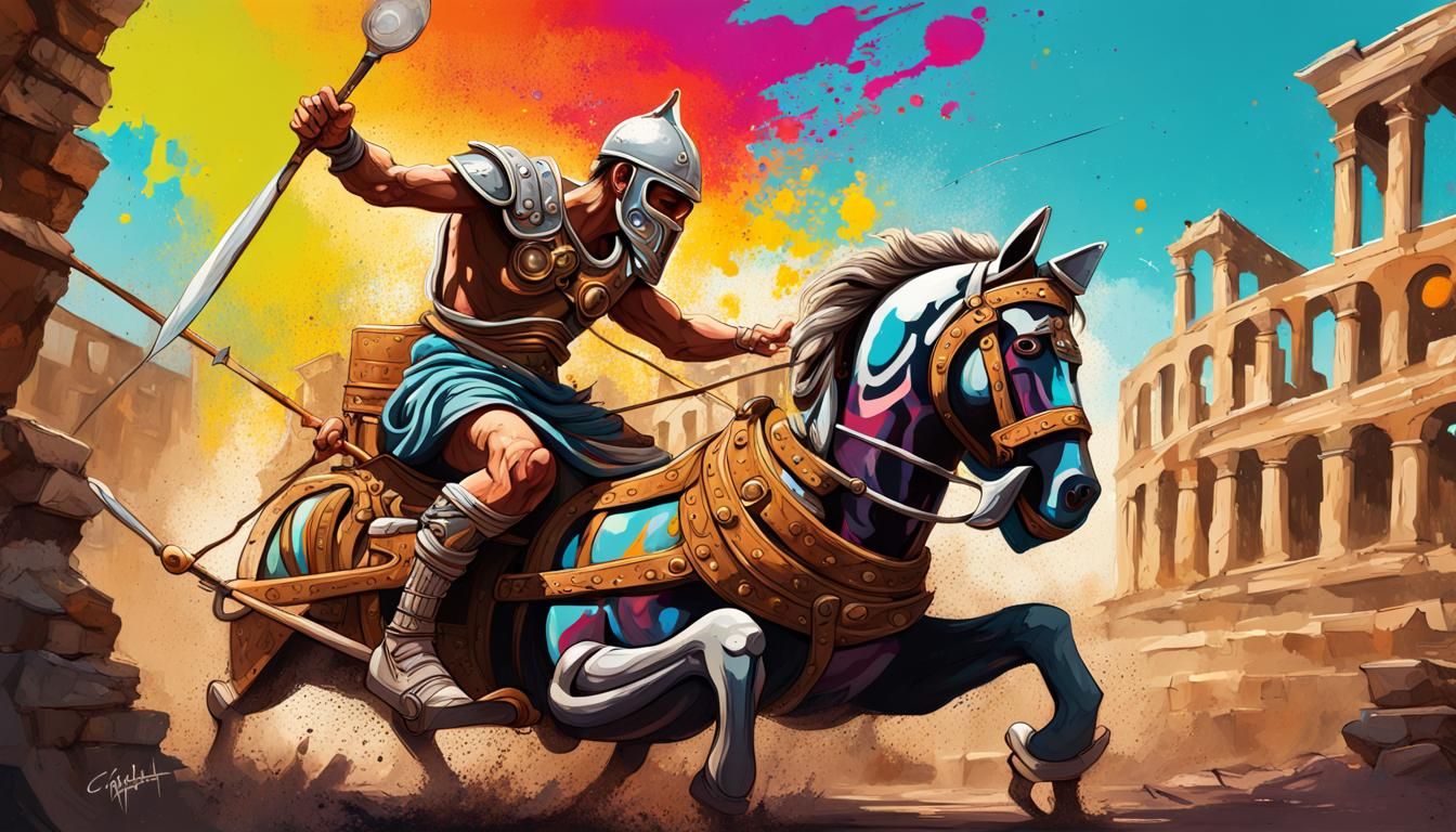 Gladiator in Chariot Race: Graffiti Art