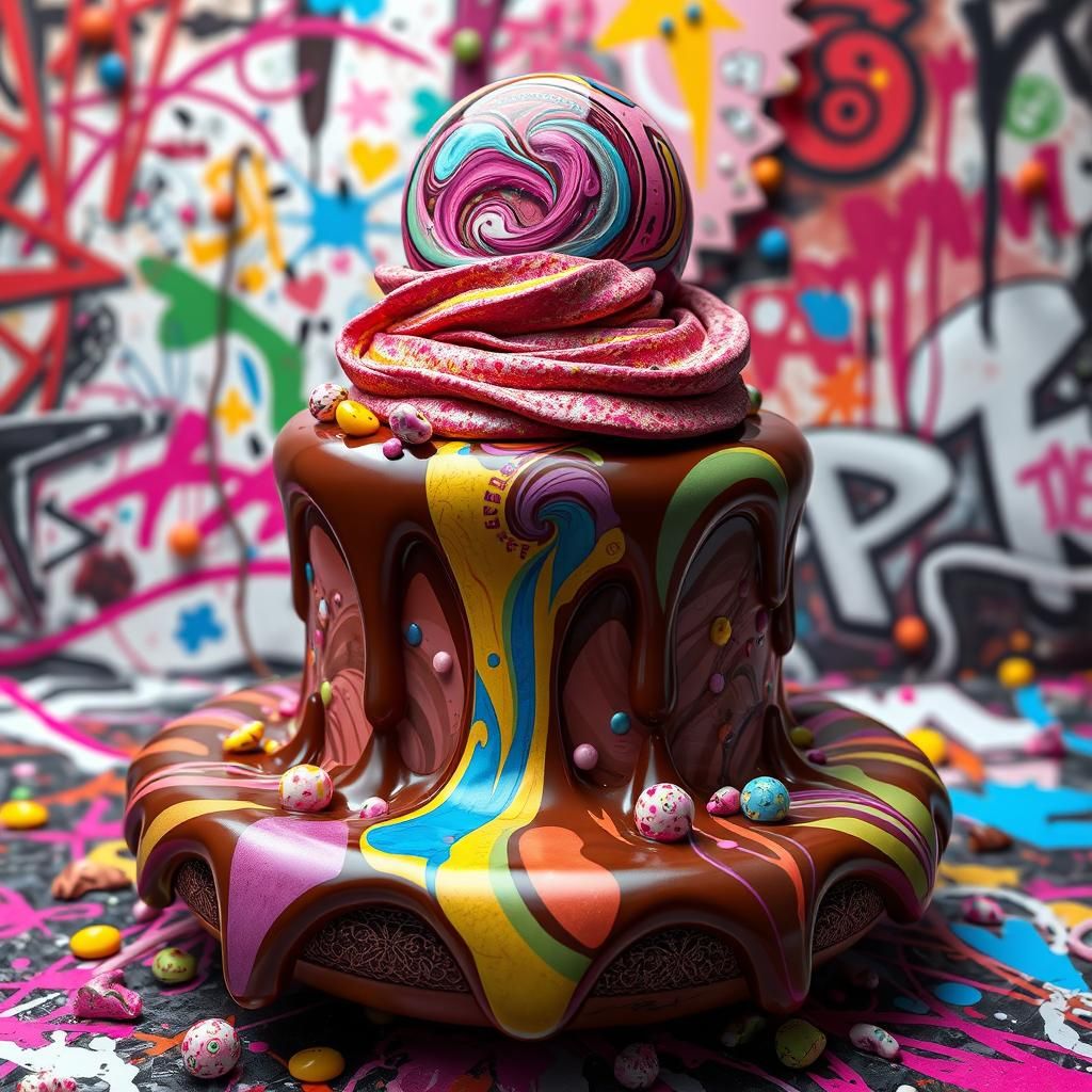 Surreal Chocolate Dessert in Anime-Inspired 3D Illustration