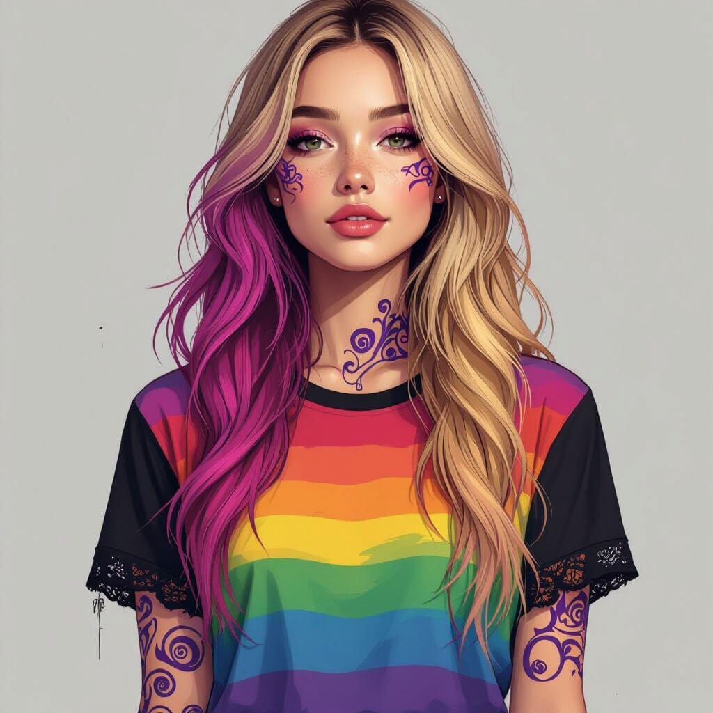 Girl with Rainbow Shirt and Magenta Hair