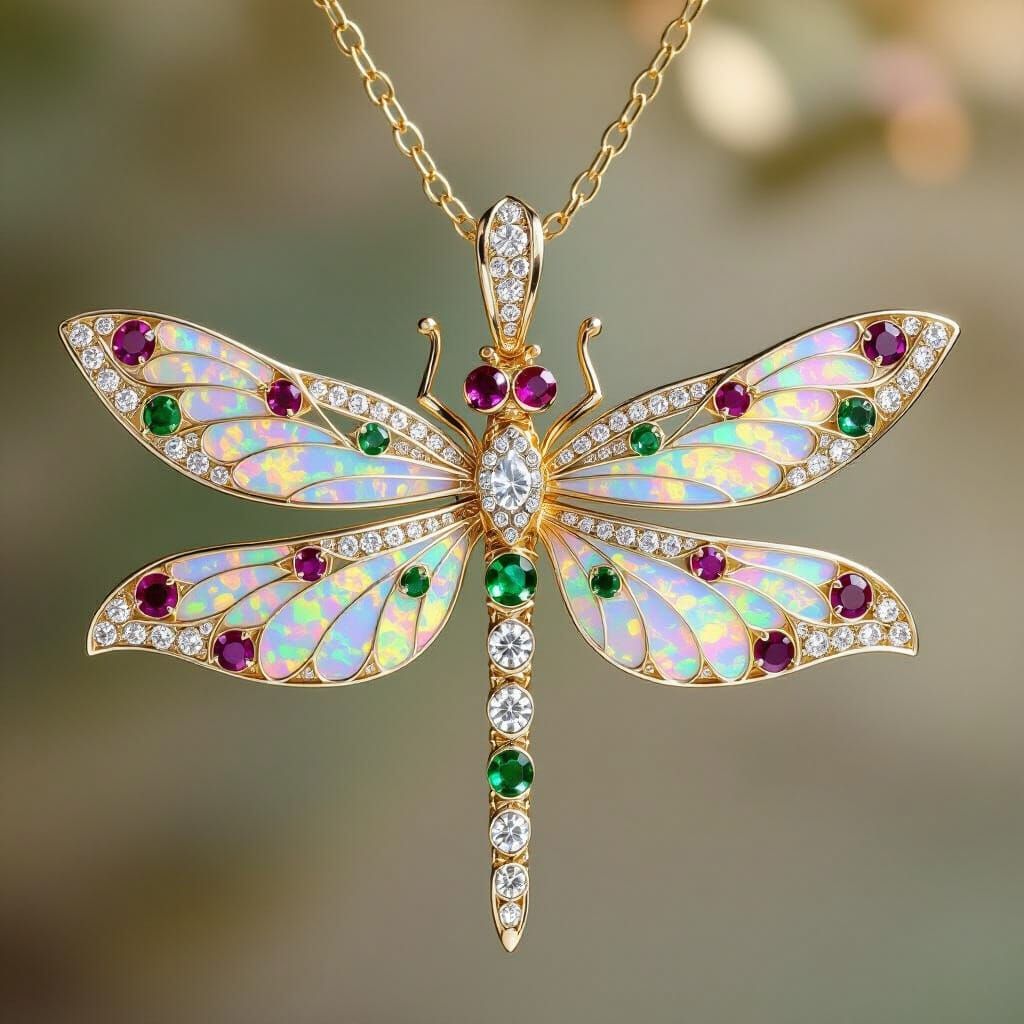 Opulent Dragonfly Pendant in Art Nouveau Style