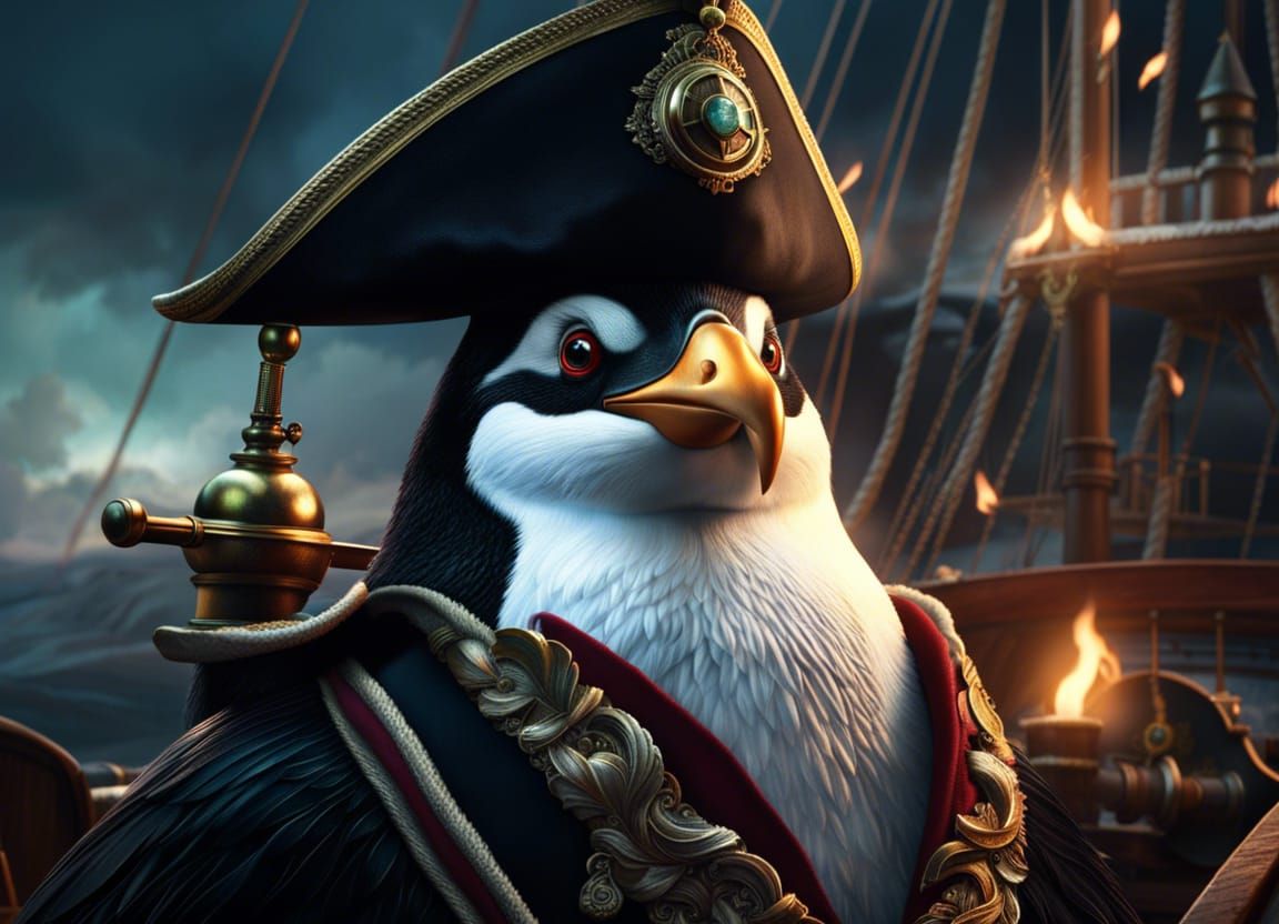 Penguin Pirate Captain at Helm: Dramatic Image