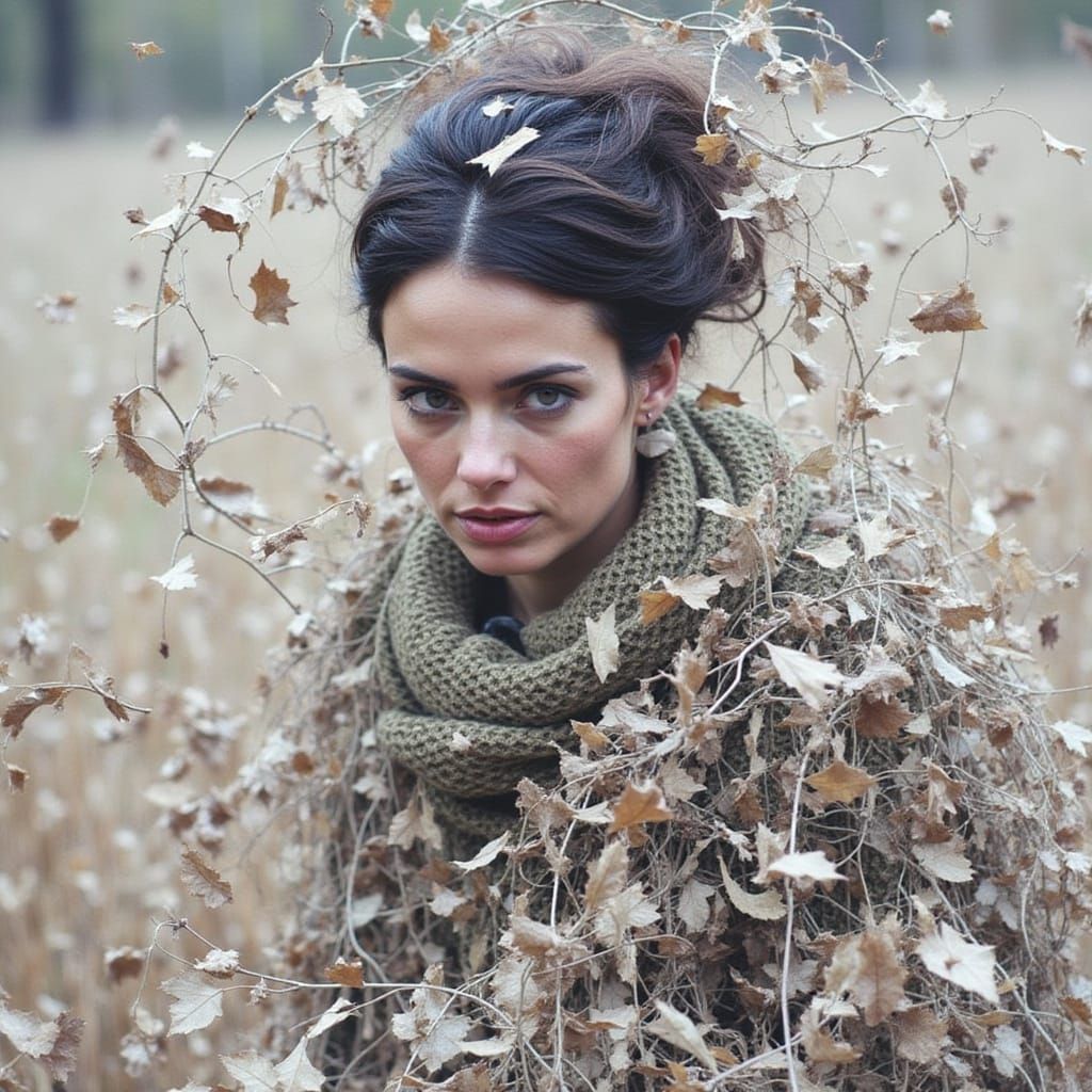 Woman in Storm of Leaves, Determined and Strong