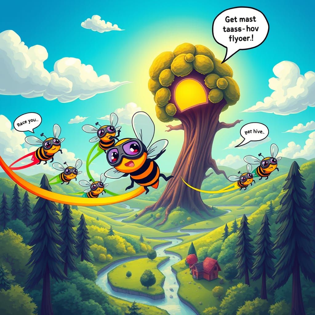 Vibrant Comic-Style Bees in Flight