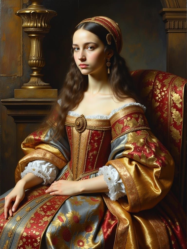 Elegant Young Noblewoman in Richly Embroidered Vermillion an...