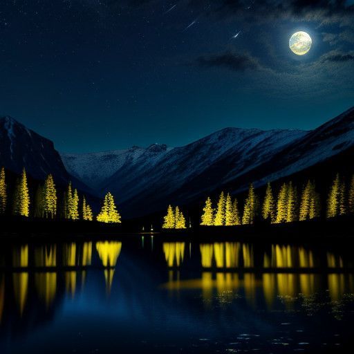 Moonlit Lake Scene in Dreamy Watercolor Style