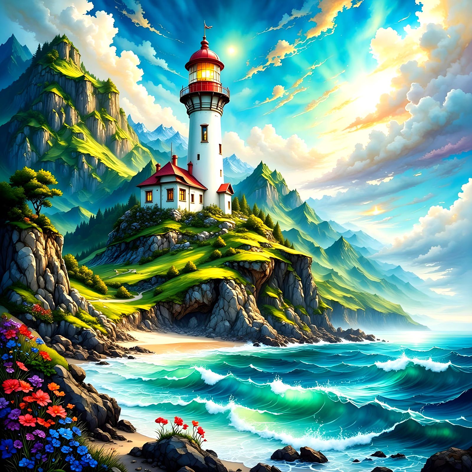 Epic Fantasy Lighthouse on a Rocky Seaside Island