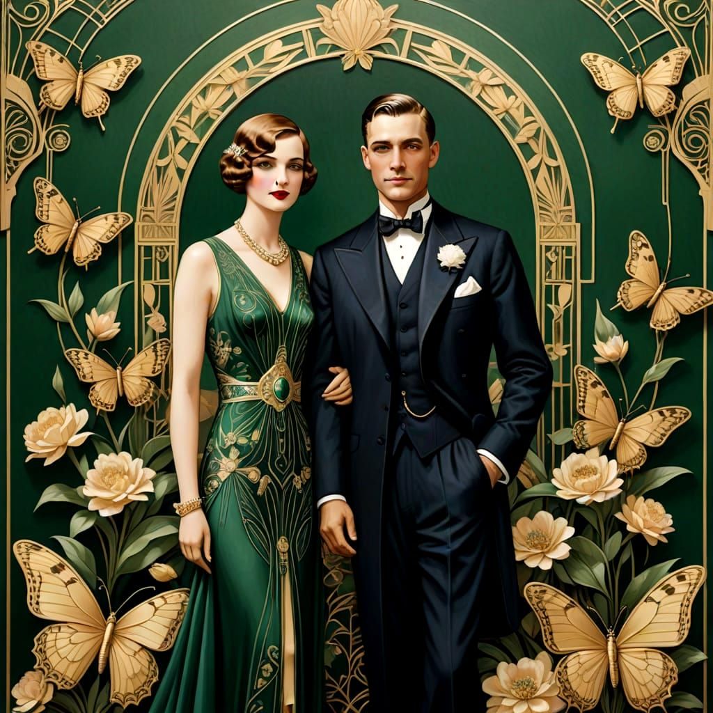 Art Deco Family Portrait with Floral and Butterfly Motifs