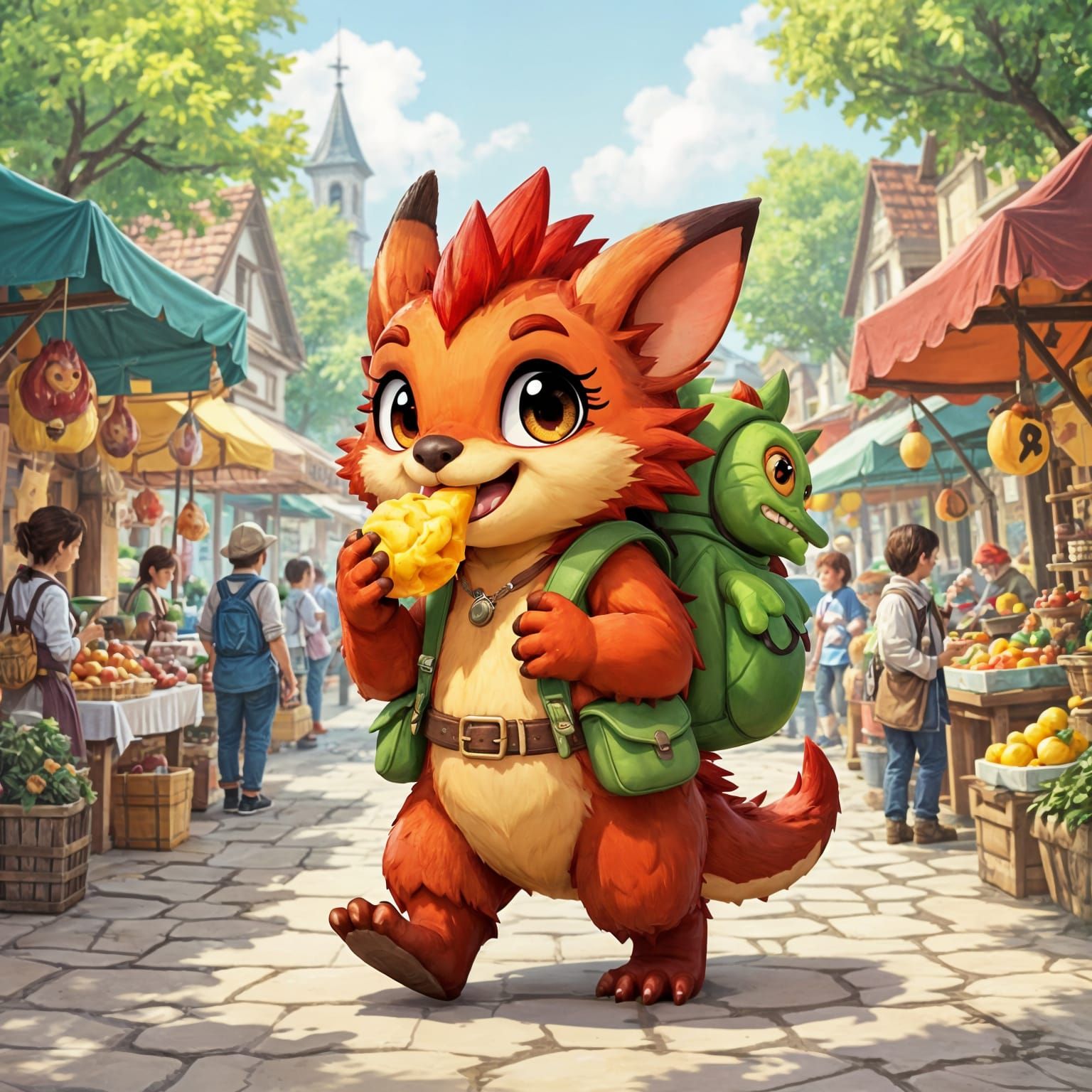 Red Kobold at Market with Owlbear Backpack