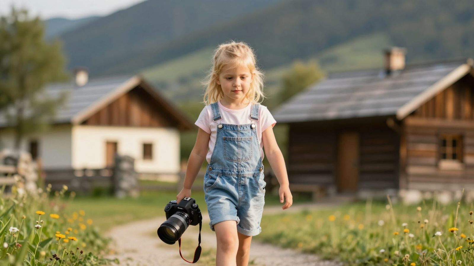 Cute Blonde Girl in Mountain Village