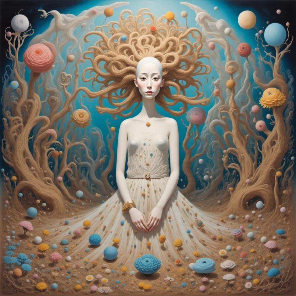 Enchanting Female Phantasm in Beige and Blue Mists