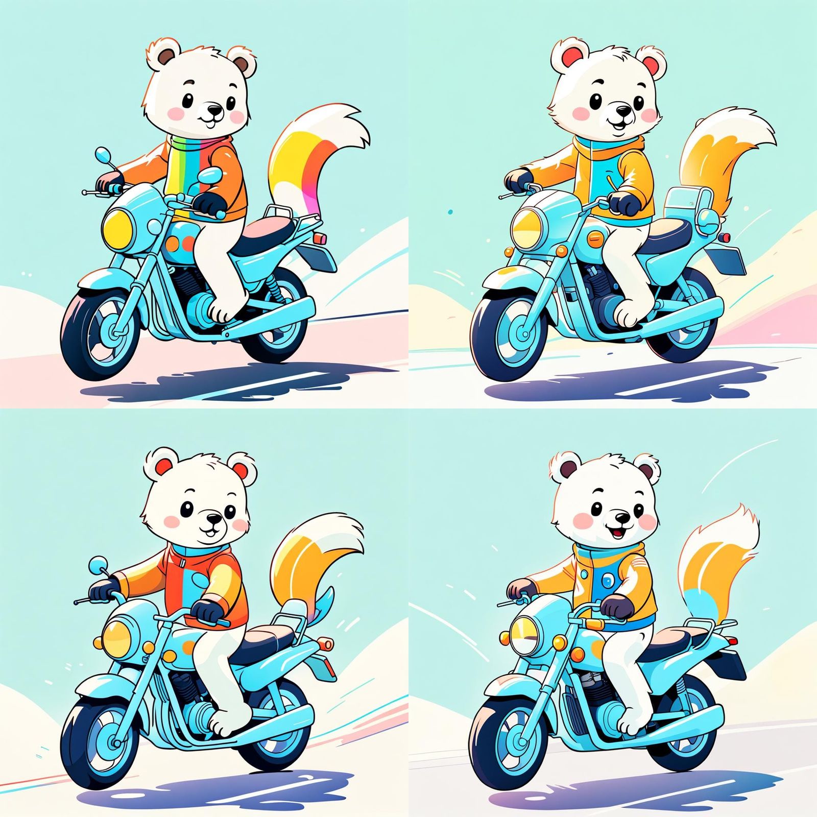 Minimalist line art. Medium shot. A happy cartoon bear animal stands beside a sleek motorbike. Colorful Close up. Simple...