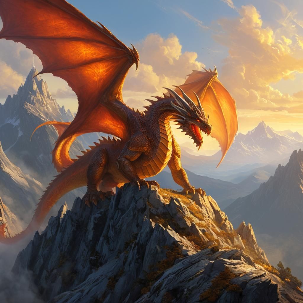 Majestic Dragon Perched on Mountain Peak