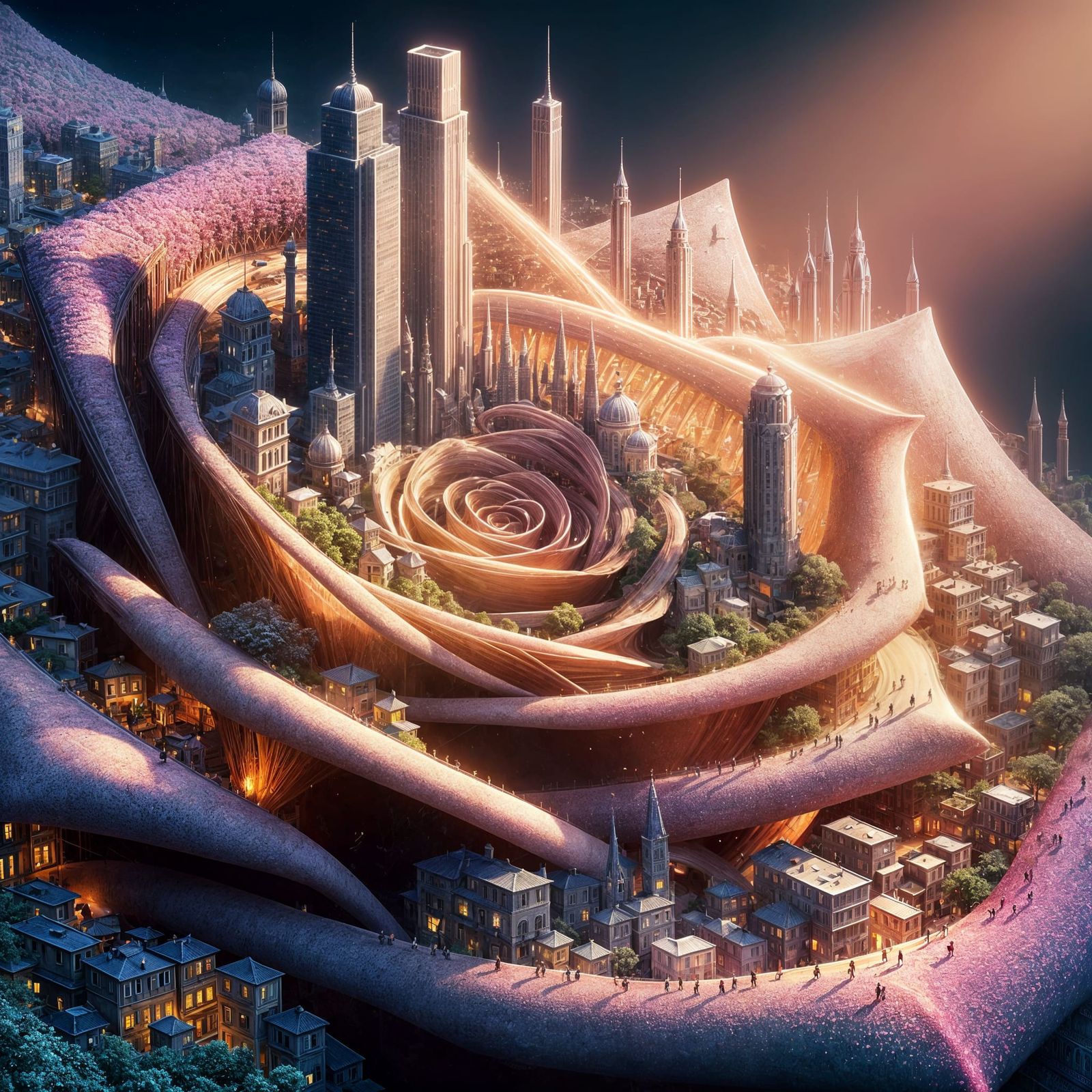 Miniature City Inside a Rose, Hyperrealistic Dark Fantasy Ar...