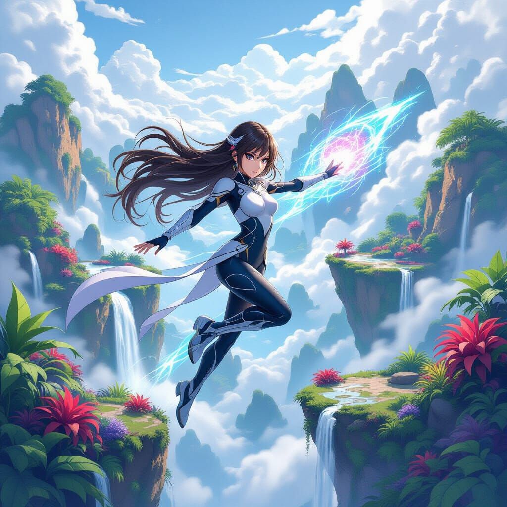 Anime Girl Leaps Chasm in Fantasy Sky Realm