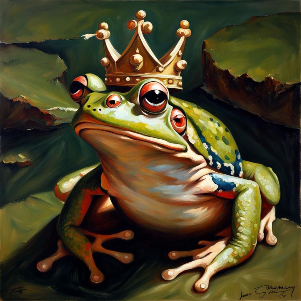 Frog Prince with Crown in Oil Painting Style