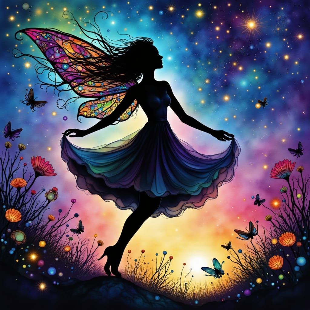 Silhouette Fairy Dance in Magical Night Sky