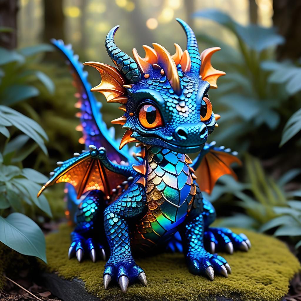 A vibrant and whimsical baby dragon with metallic scales
