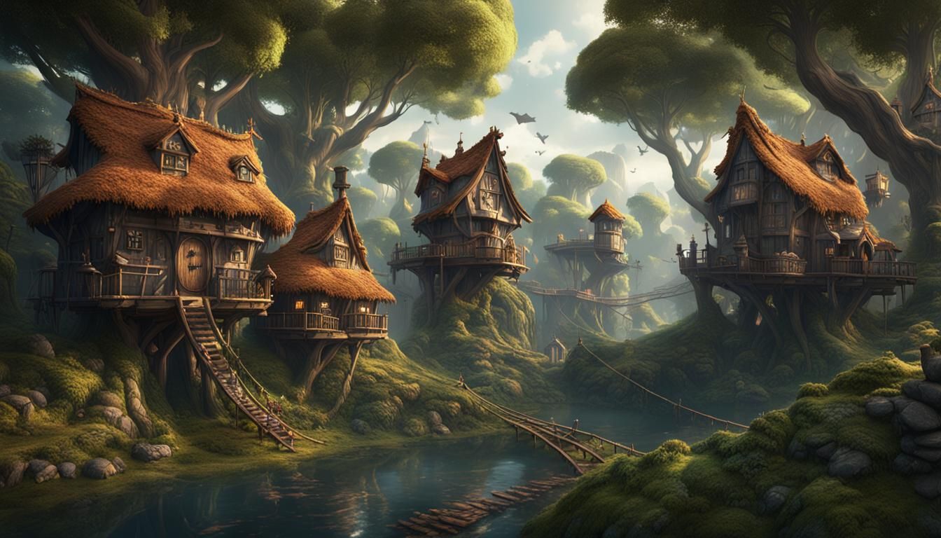 Fantastical Treehouse Village: Detailed Matte Painting