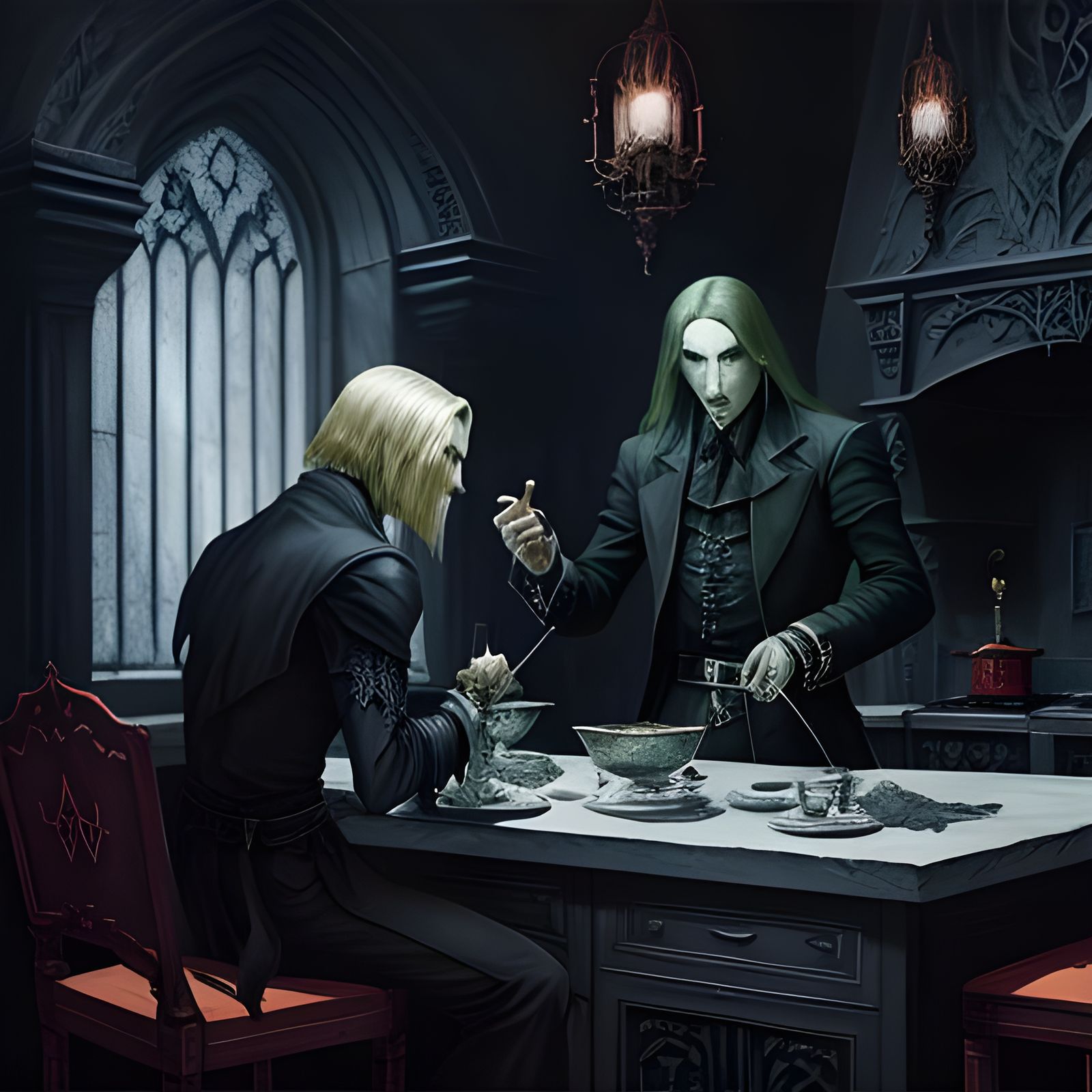 Gothic Castlevania Kitchen in Monochromatic Acrylic Style