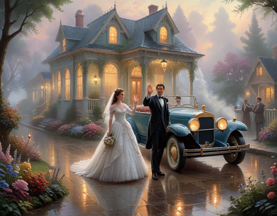 Ethereal Fantasy Wedding: Couple Waves Goodbye in Misty Scen...