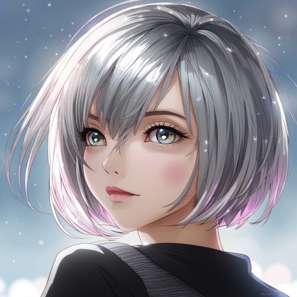 Anime Girl Portrait with Silver Hair and Rainbow Eyes