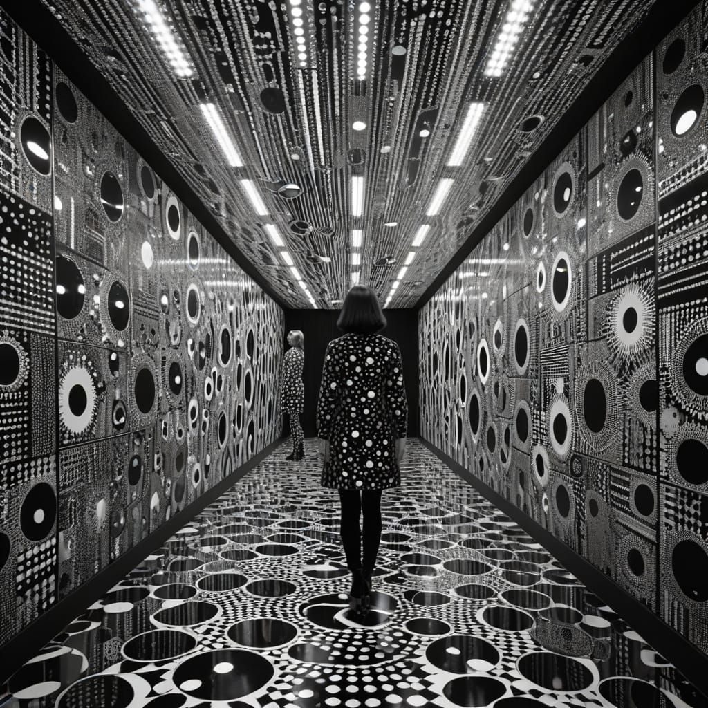 Black and White Infinity Room with Bridget Riley Patterns