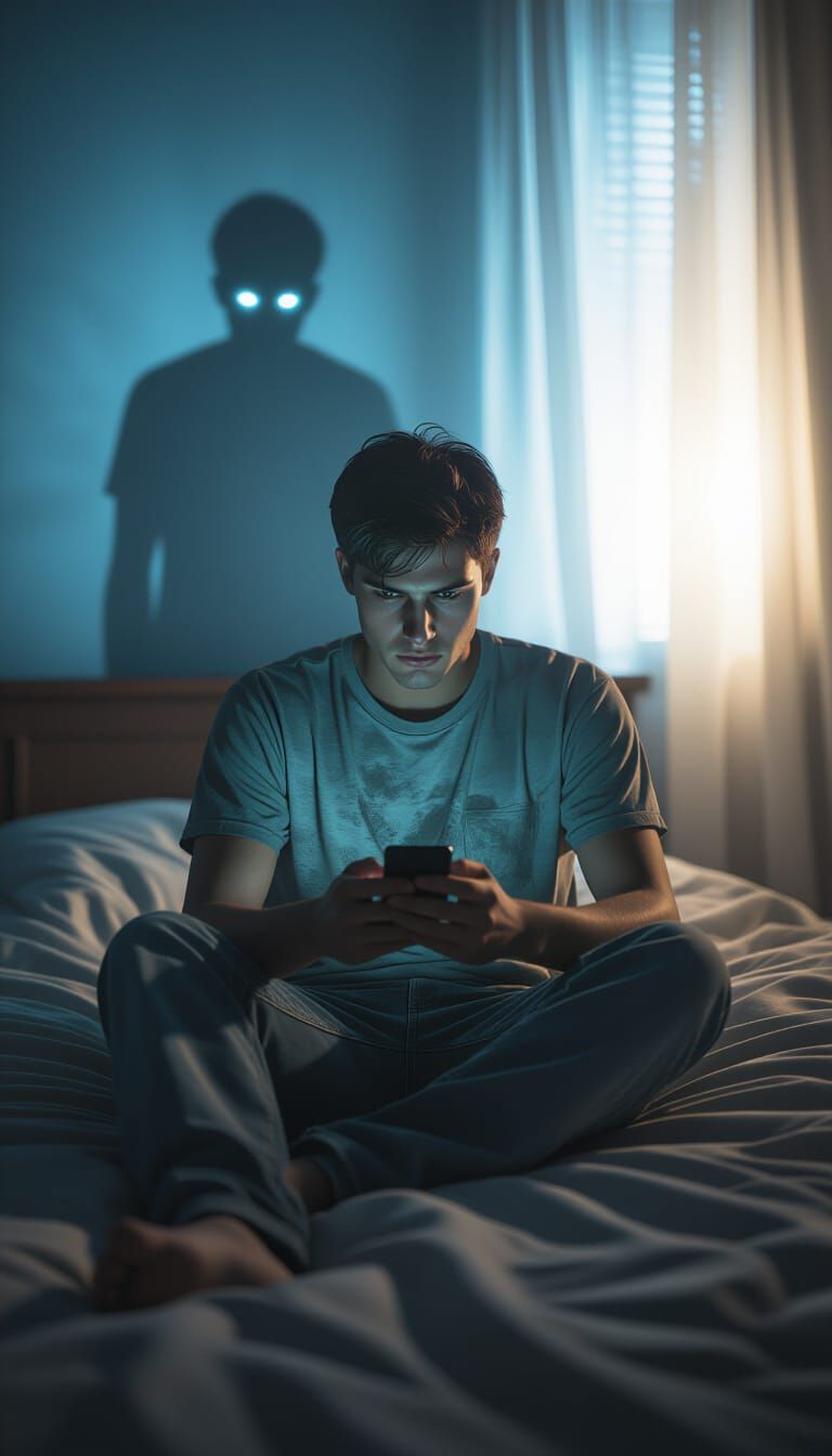 Man on Bed Sees Shadowy Figure in Phone Reflection
