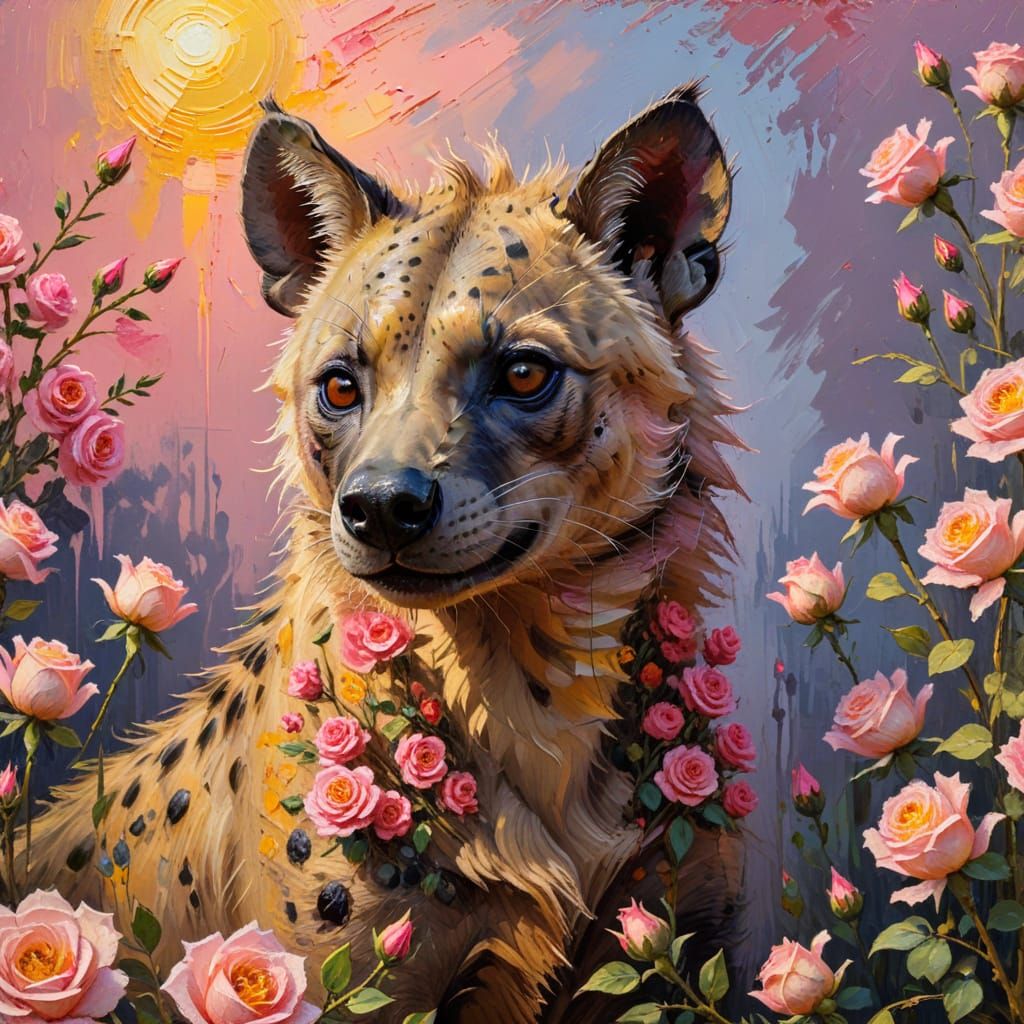 Hyena in Roses: An Impressionist Oil Painting
